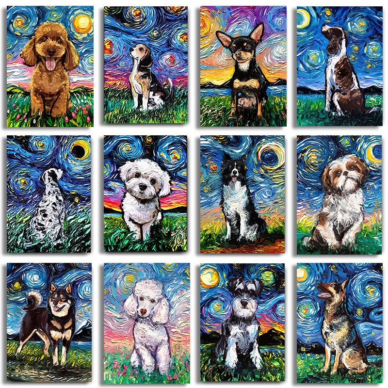 Funny Dogs Starry Night Van Gogh Canvas Painting Abstract Print Dog German Shepherd Bulldog Posters Wall Art Picture Home Decor