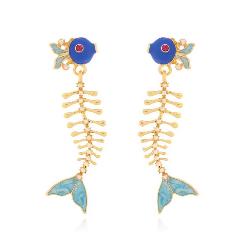 Handmade Spliced Long Bend Fishbone Dangle Earrings Multicolored Enamel Cute Small Fish Fishtail Big Ear Studs Fashion Jewelry A13