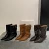 Spice Girl Small Square Head High Heel Pile Boots Women's New Folded Western Cowboy Boots Skinny Heel Short Boots