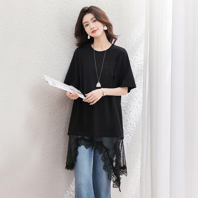Women's Asymmetric Lace Patchwork Loose Short-Sleeve T-Shirt