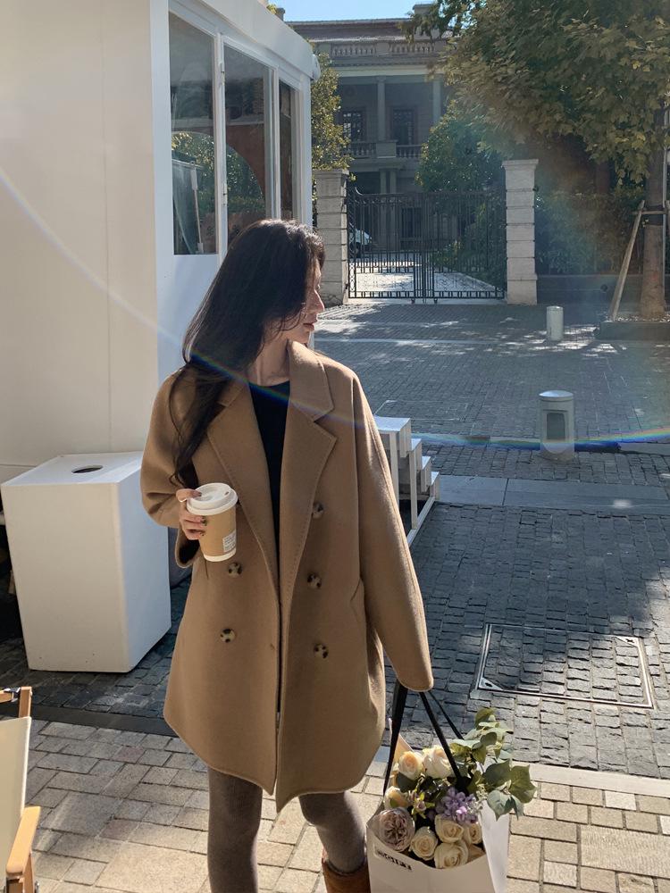 

Маленьке класичне вовняне пальто в корейському стилі - Осінньо-зимове вільного крою з лацканами під костюм Extra Small верблюд