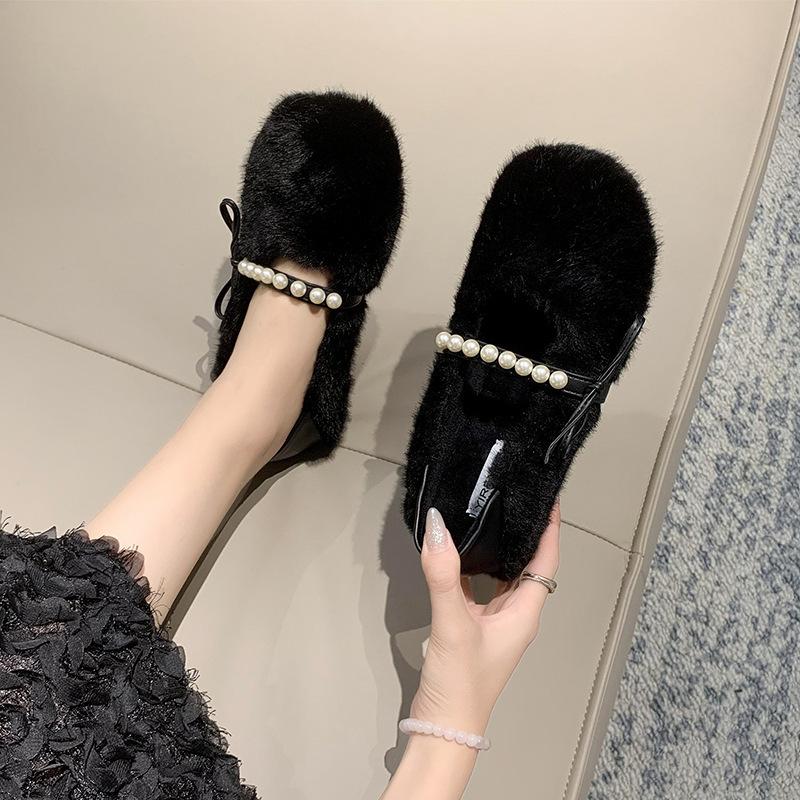 

Туфли Mao Mao женские новые с жемчужным бантом и круглой головкой на осень и зиму 2024 года, в тапочках с одной педалью и двумя ленивыми туфлями 40 чёрный