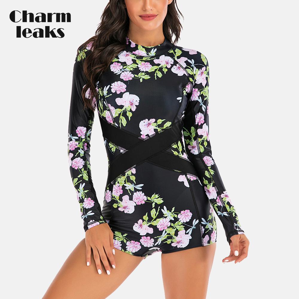 

Charmleaks женский цельный купальник с длинными рукавами и принтом листьев, быстросохнущий купальник, консервативные боксеры, UPF50 + одежда для серфинга S чёрный