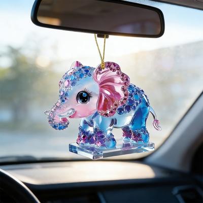 Car Pendant with Lanyard Sparkling Rhinestones 2D Acrylic Elephant Design Gradient Color Mini Acrylic Ornament Key Desktop Decoration
