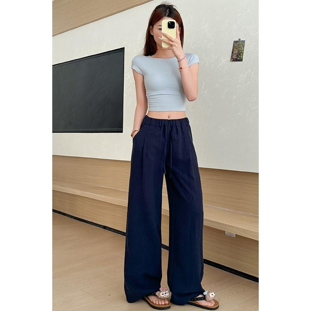 Women's High Rise Drawstring Loose Linen Wide Leg Pants Lightweight Casual Straight Trousers Solid Breathable Bottoms For Summer