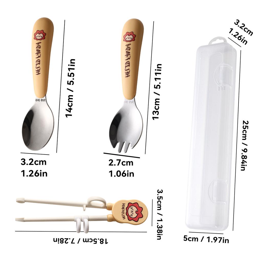 Tragbares Kindergeschirrset aus 316 Edelstahl, niedliches Fütterungsbesteck, Löffel, Gabel, Lernstäbchen, Kinderbesteck