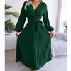 Elegant V Neck Long Sleeve Pleated Long Dress Women Autumn Office-lady Long Sleeve Loose Lace-up Dresses Fashion Clothes 29237
