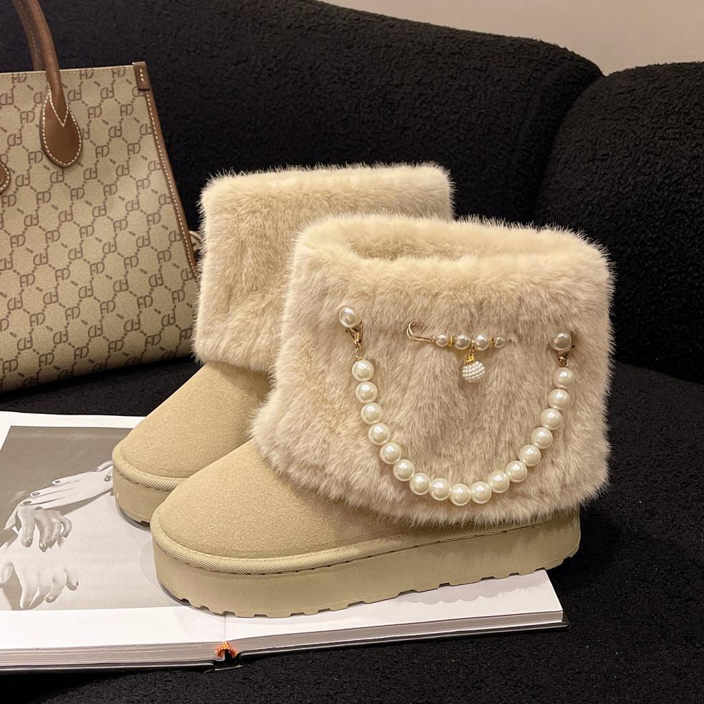 Fashion Women Snow Boots 2025 Winter Plush Warm Anti Slip Comfortable Ankle Boots Fluffy Round Toe Platform Pearl Chain Cotton Boots