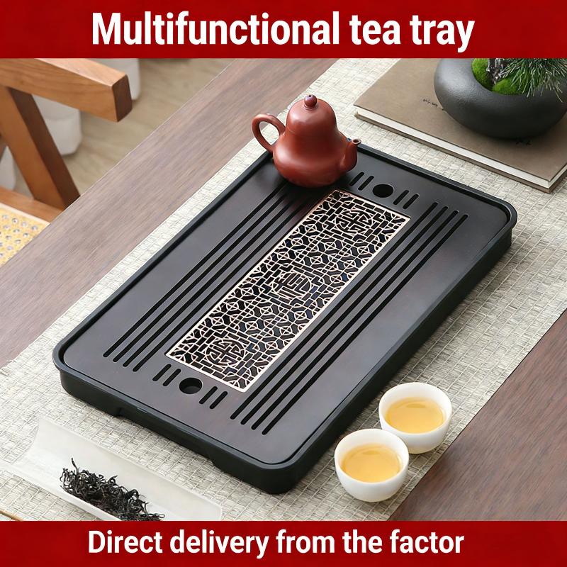 Double-Layer Wooden Tea Tray Engraved Floral Rectangular Food Safe Wood Tray Ideal for Home Tea Party Gifting Occasions