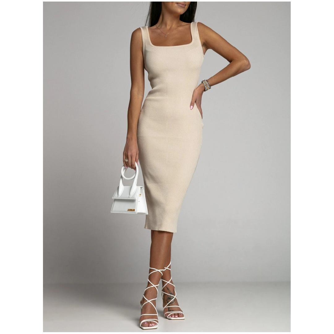 

Летнее модное вязаное в рубчик простое черно-белое облегающее клубное платье без рукавов, базовое платье миди для женщин, повседневные элегантные сексуальные женские платья M бежевый
