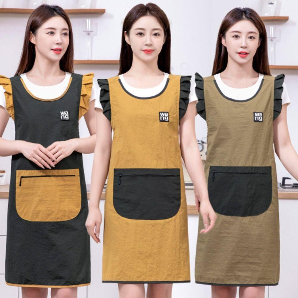 Ruffled Edge Kitchen Apron Waterproof Anti-fouling Cooking Baking Bibs Cross Back Sleeveless Florist Shop Work Clothes for Women