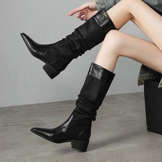 Retro Spliced Long Tube Boots Women'S Chunky Heel High-Cut Boot Cross-Banding Faionable Casual Round Toe Boot