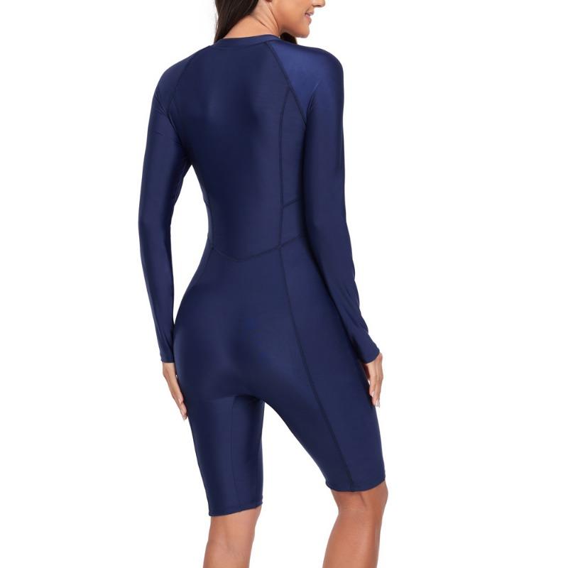 Solid Color Long Sleeve Zipper One Piece Modest Coverage Swimsuit
