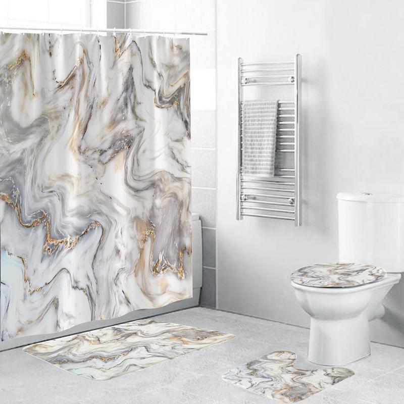 4-Piece Set Marble Texture Ink Soft Bathroom Set Shower Curtains Luxury Printed Graphics Polyester Fabric Shower Curtain Shower Curtain