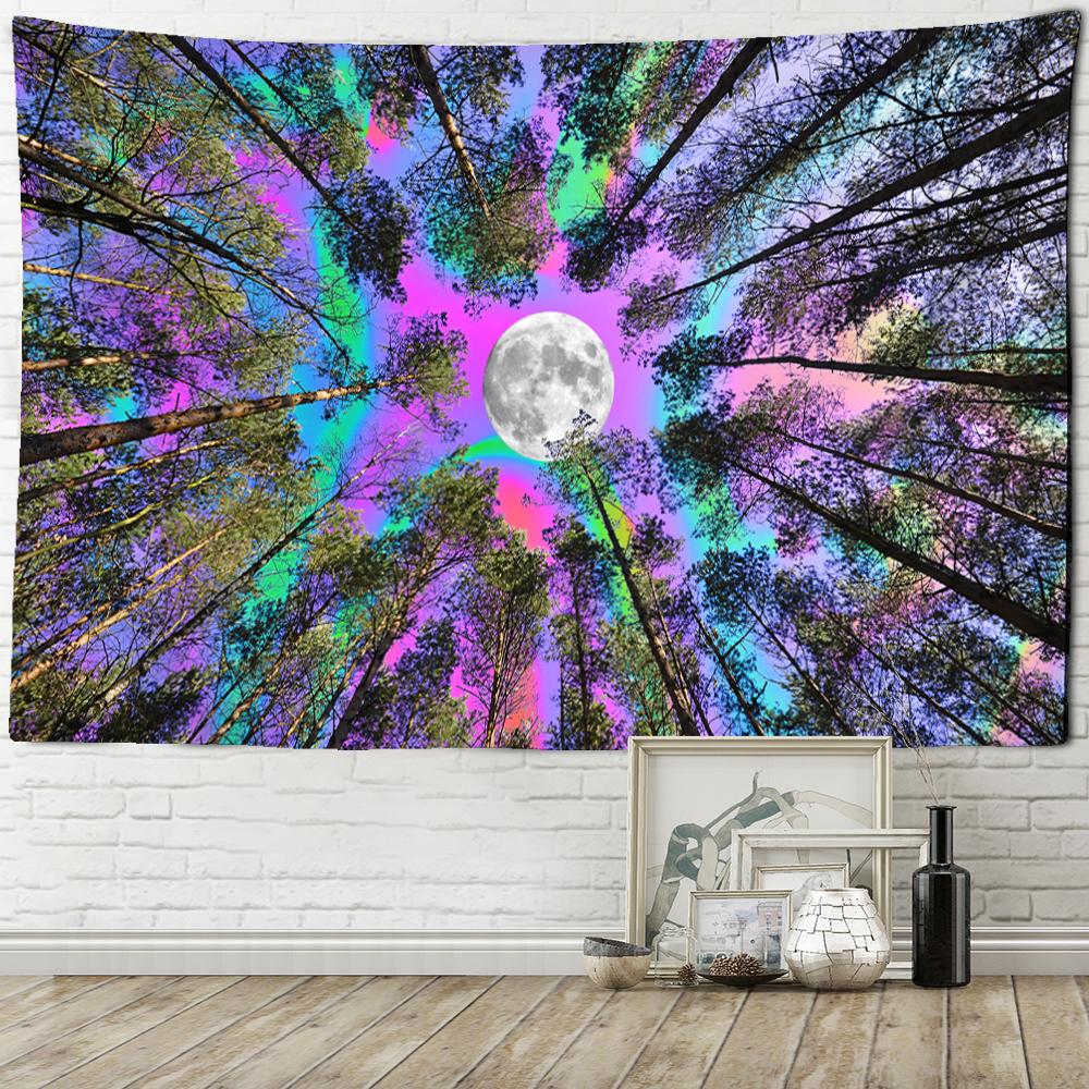 Colorful Moon Forest Tapestry Wall Hanging Abstract Witchcraft Mysterious Night Scene Bedroom Living Room Simple Home Decor