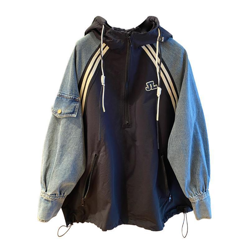Oversized Sweatshirts for Women Patchwork Denim Streetwear Y2k Tops Ropa Mujer Hooded Contrast Color Vintage Hoodies