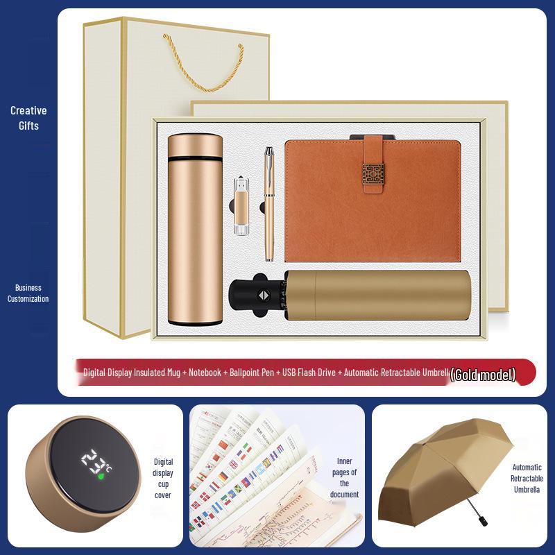Luxury Business Gift Set: Insulated Cup, Umbrella, and Notebook with Custom Logo for Corporate Events
