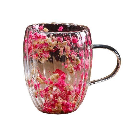 Double-Walled Glass Mug with Dried Flowers 250/350ml Heat Resistant Handle Coffee Cup for Hot Drinks Unique Artistic Glassware