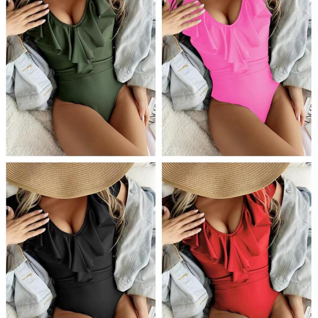 2024 European & American One-Piece Flounce Bikini - Solid Color, Sexy Swimwear