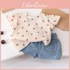 Lovely Summer Two Piece Set For Girls Featuring Cartoon Cherry Motif And Soft Lightweight Denim Shorts