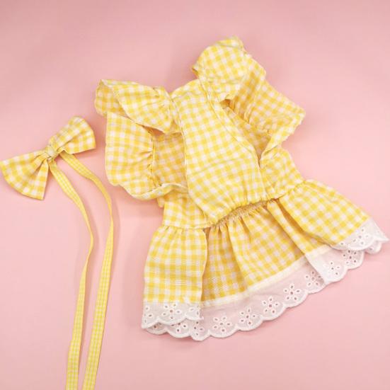 Yousheng 1 Set Pet Princess Dress Lace Patchwork Eye-catching Comfortable Soft Square Collar Dress Up Ruffle Sleeves Plaid Print Puppy Dog Skirt Pet