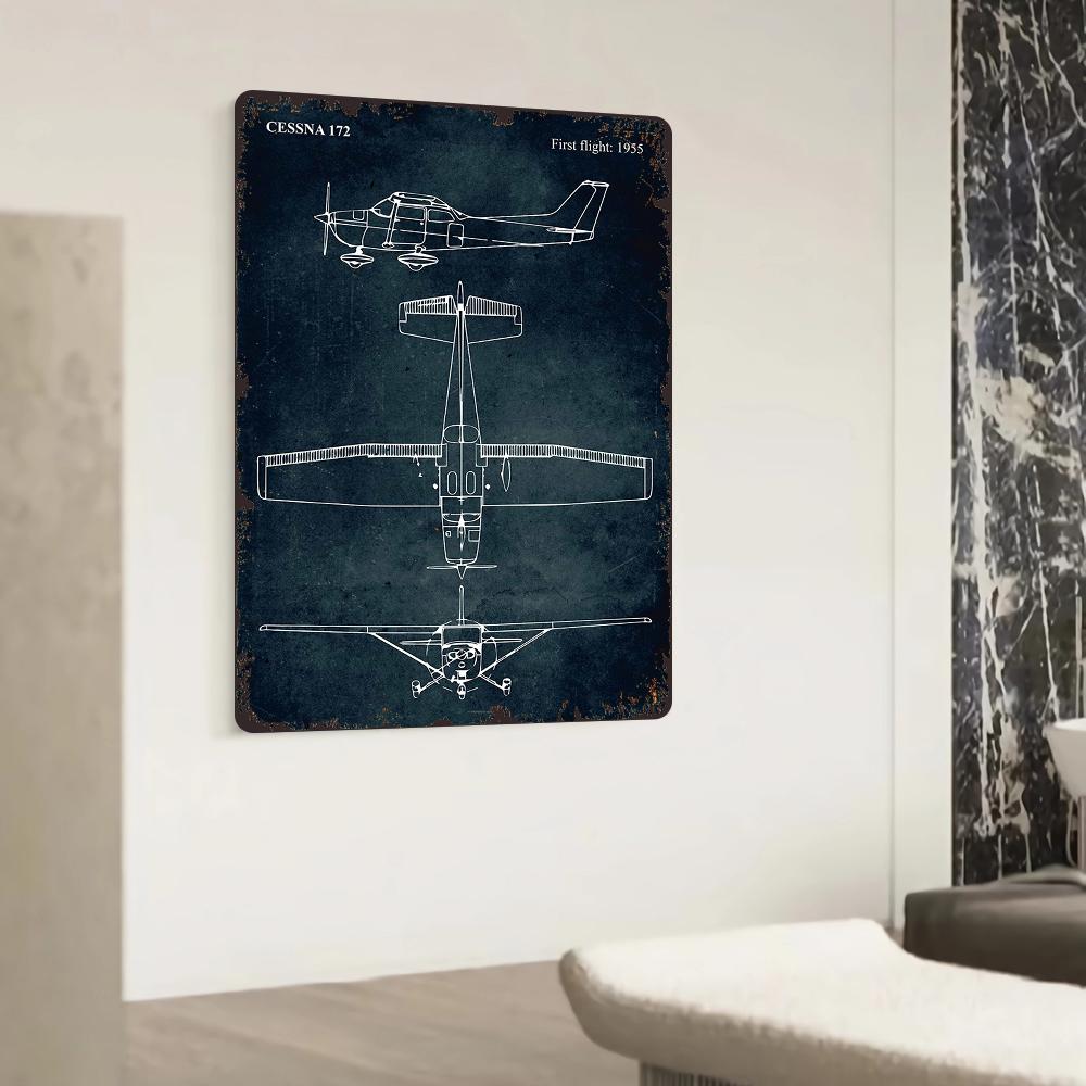 Cessna 172 Flugzeug Blaupause Metall Wandkunst Vintage Luftfahrt Dekor Erstflug 1955
