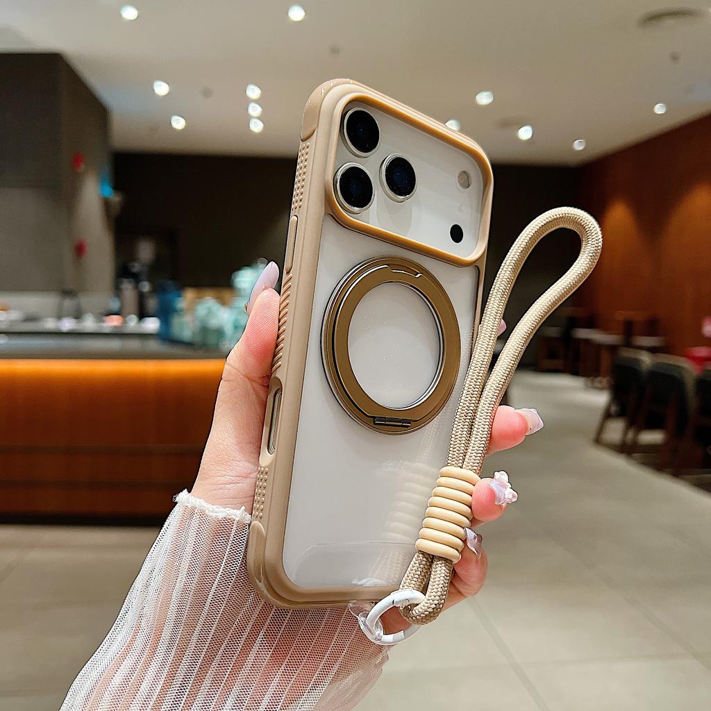 Dla iPhone 17 Pro Magnetyczne Etui Odporne na Wstrząsy Podpórka TPU + PC Przezroczyste Etui na Telefon z Paskiem na Nadgarstek