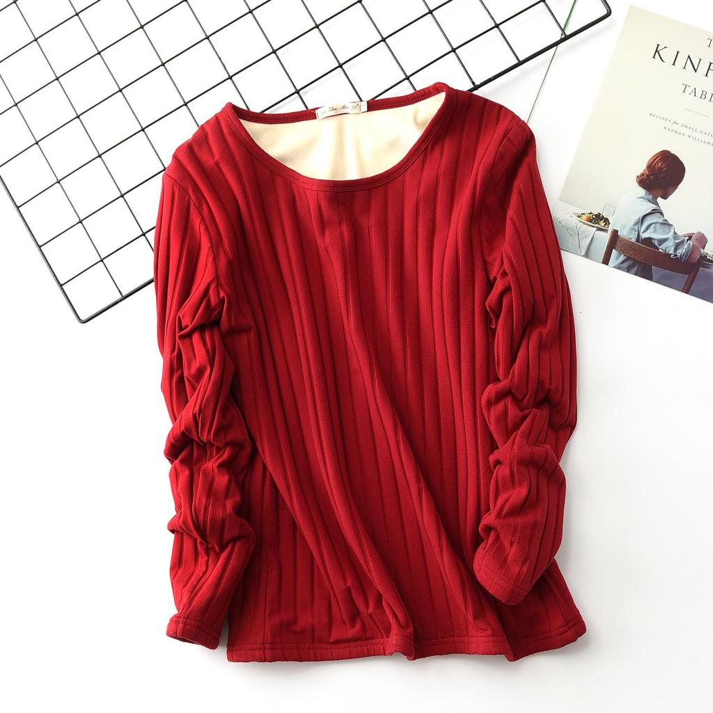 Thick Plus-Size Velvet-Lined Long-Sleeve Ribbed Cotton T-Shirt - Korean Style