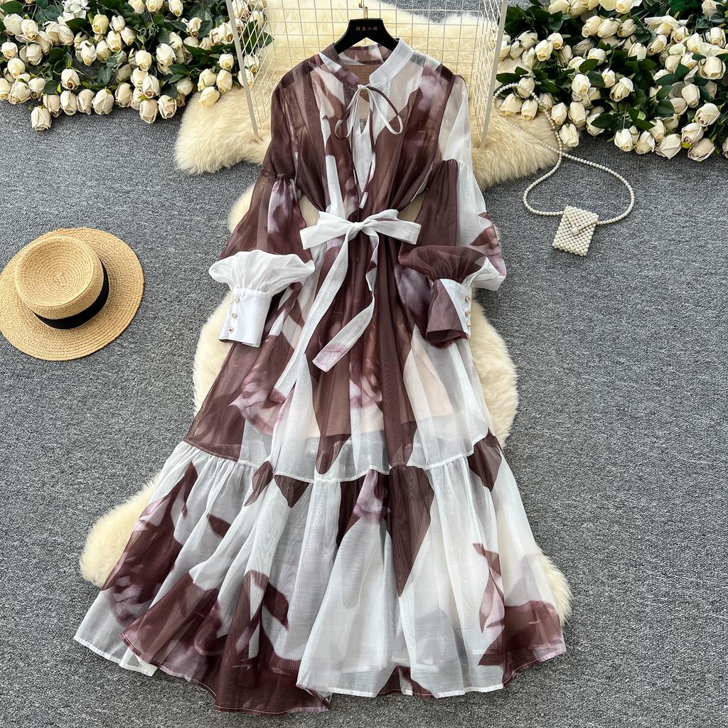 Sexy Long Sleeve Mesh Sweet Print Dress Chic Vintage Evening Party Club  Women Chic Summer Beach Long Dresses