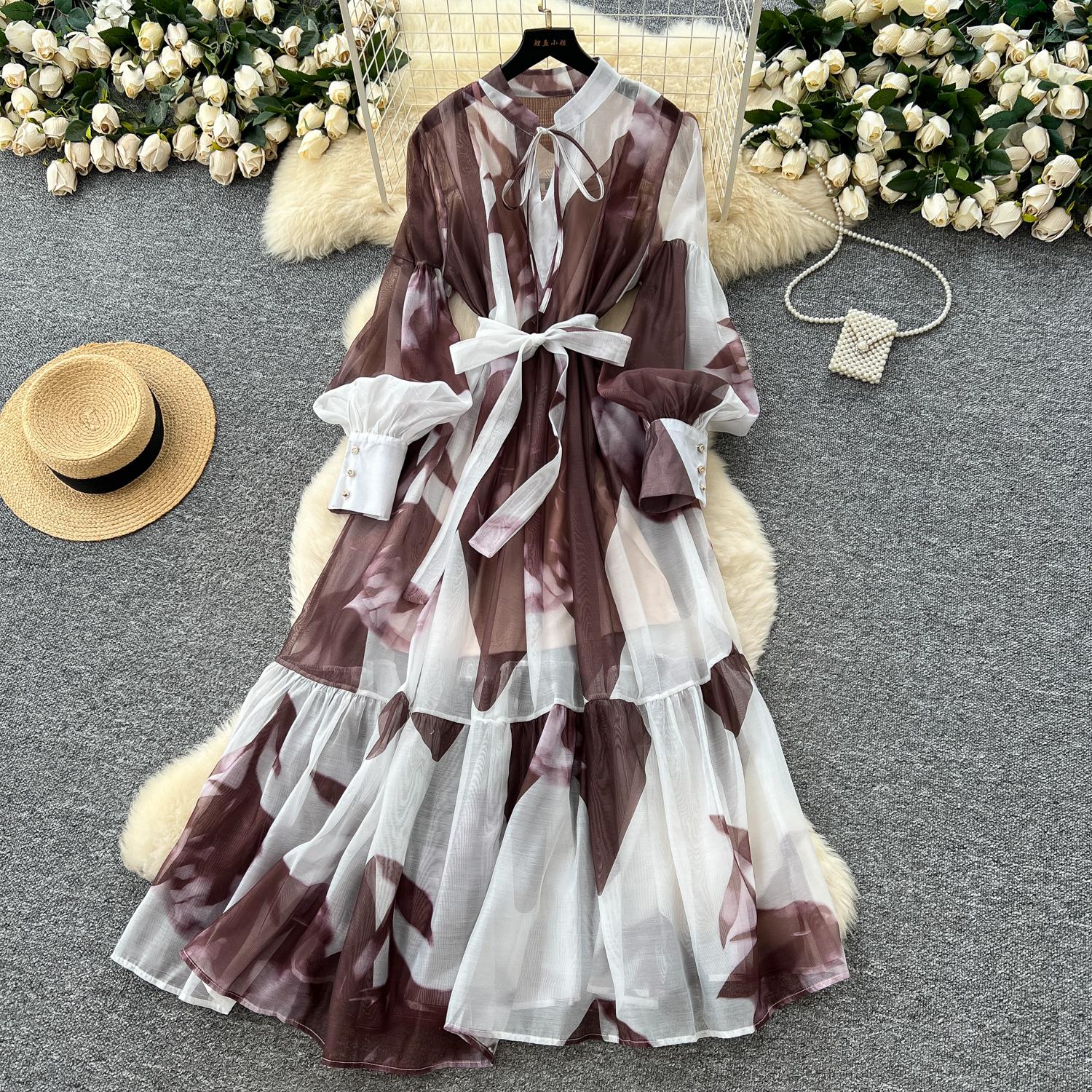 

Сексуальное платье с длинным рукавом из сетки со сладким принтом Шикарное Винтажное Вечернее Платье для Вечеринки Клуба Женское Шикарное Летнее Пляжное Длинное Платье One Size кофейный