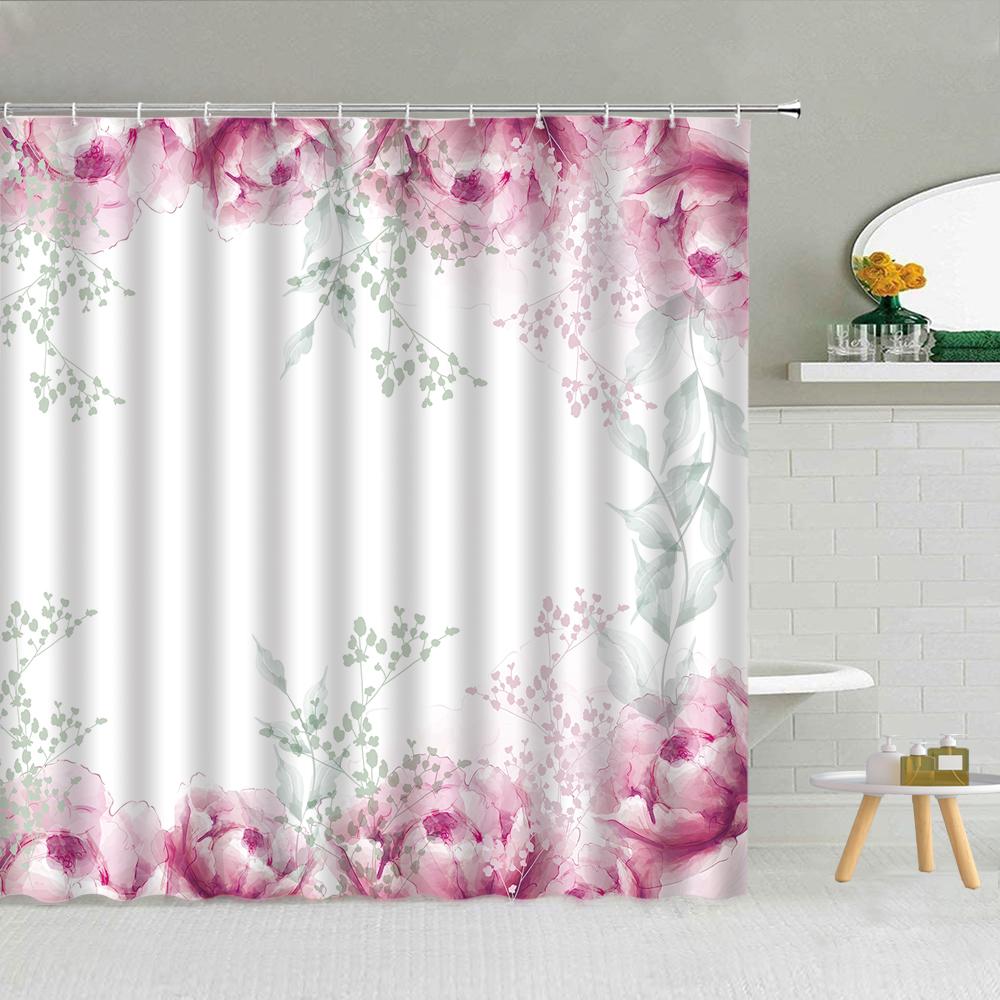 Floral Shower Curtain, Spring Nature Theme Cherry Blossom Bathroom Decor Polyester Fabric Waterproof Bath Curtain with Hooks