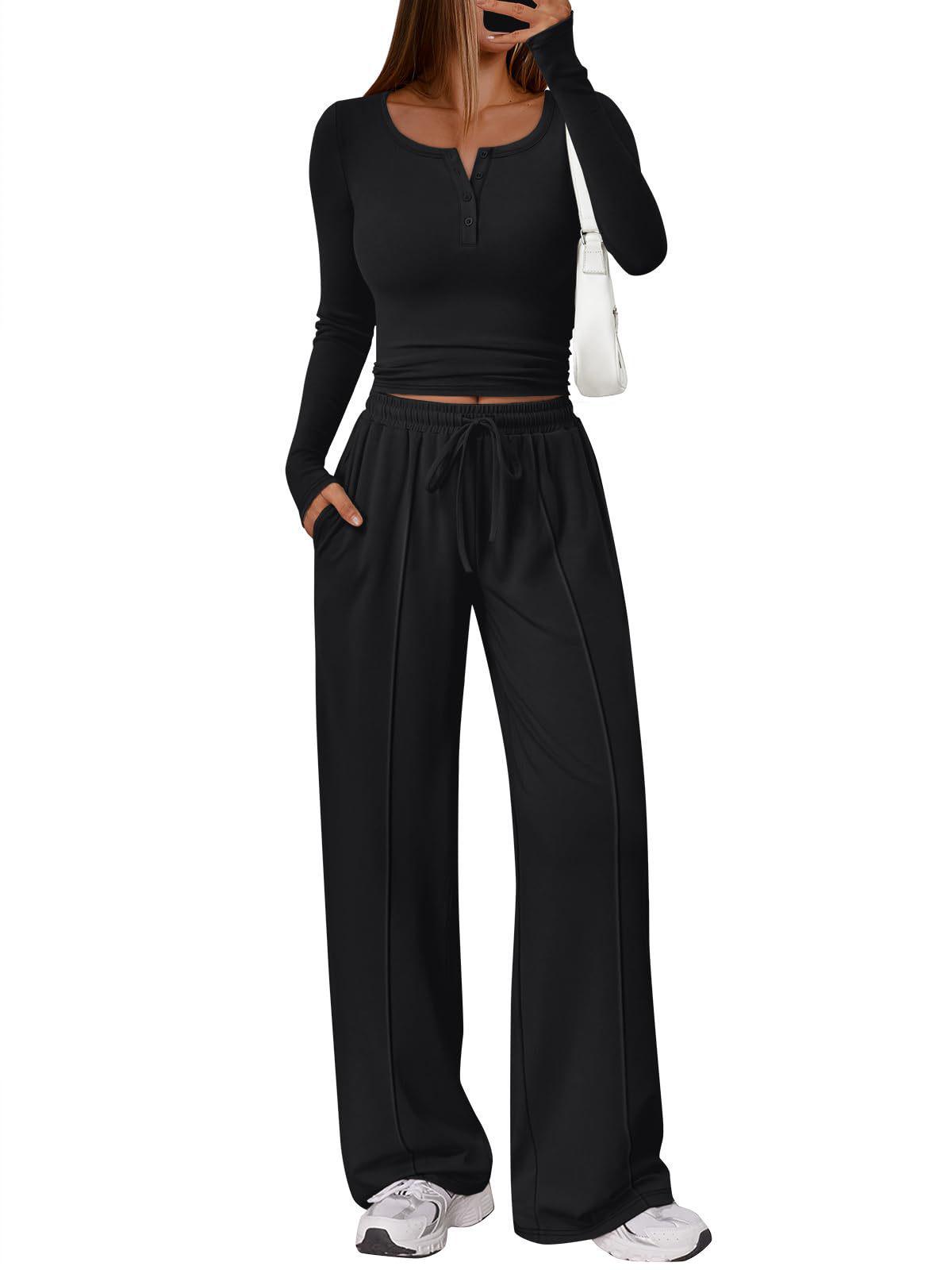 

Women s V-Neck Top & Drawstring Wide-Leg Pants Set - Casual Home Wear Small чёрный