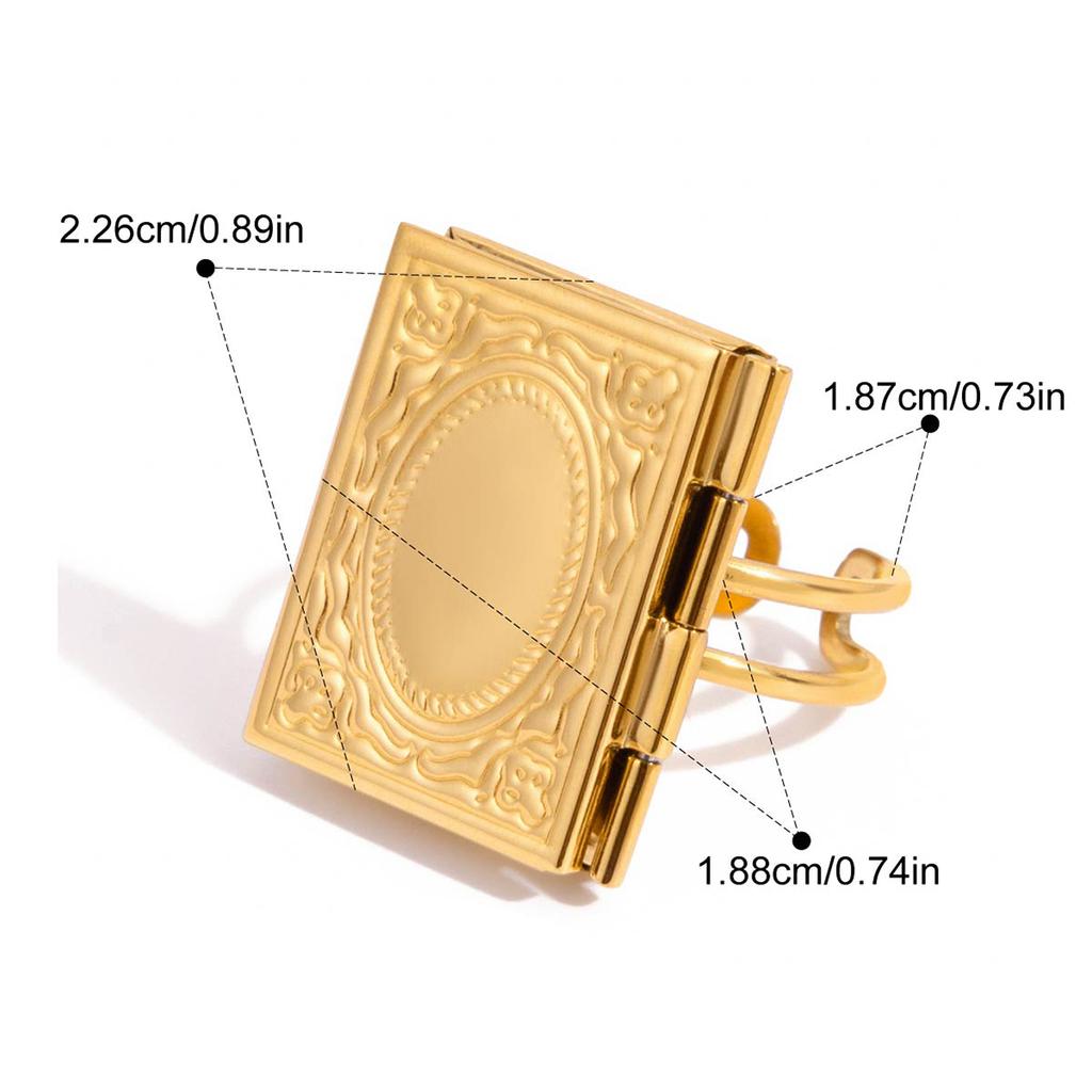 Yori Patterned Square Heart Photo Box Adjustable Opening Ring Waterproof Smooth Metal Handmade Polished Jewelry