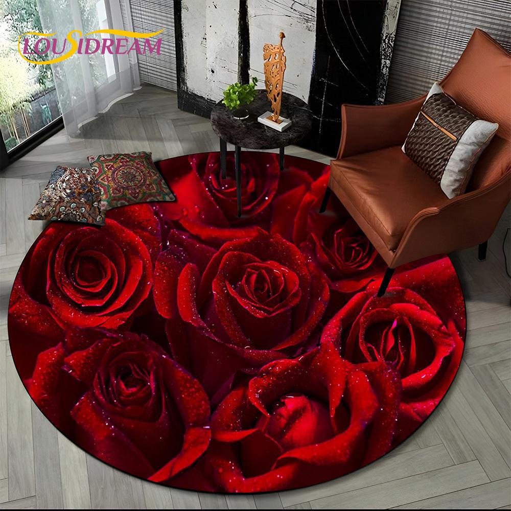 3D Dream Flower Rose Daisy Nordic Round Carpet Rug for Living Room Bedroom Child Playroom Chair Decor,Pet Area Rug Non-slip Mat