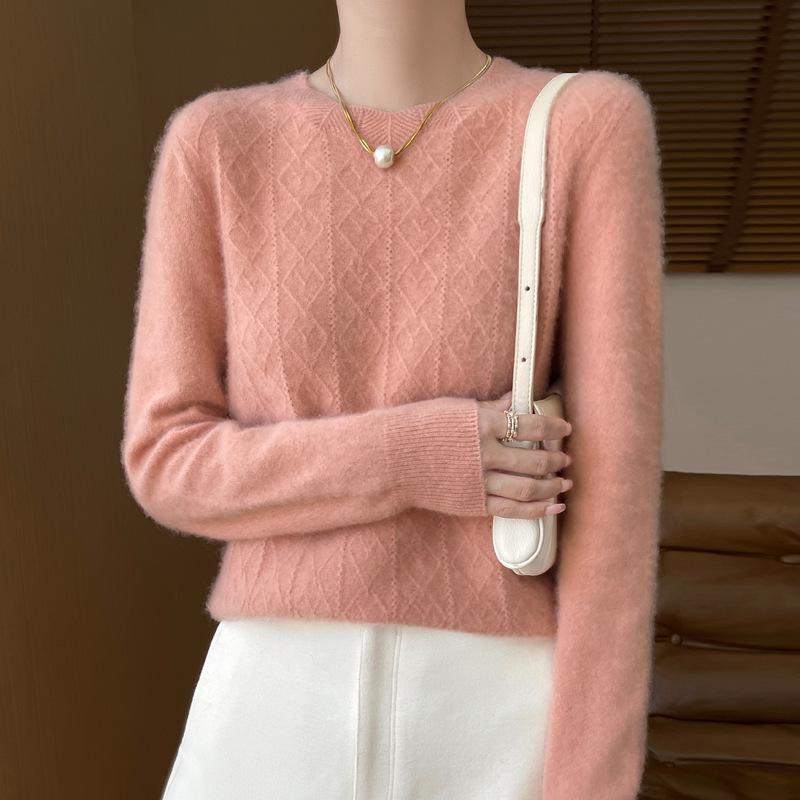 Women's Cable Knit Pure Wool Sweater, 2024 Autumn/Winter, Solid Color, Round Neck, Warm Base Layer.