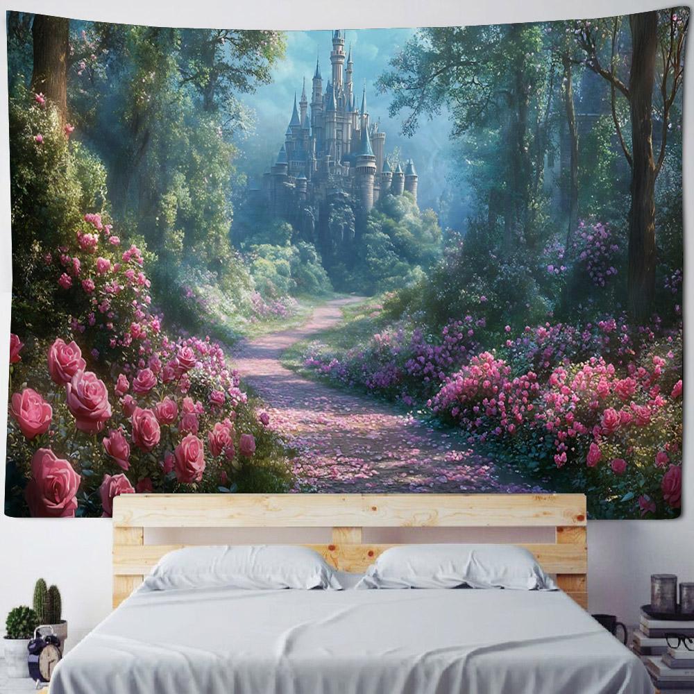 Dreamy Castle Background Wallpaper, Bedroom Tapestry, Cartoon Decoration, Hippie Aesthetic Home Wall Hanging, Yoga Mat