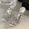 Fashion Eilyken Summer Sexy Crystal Butterfly-knot Pointed Toe Women Pumps Fashion Buckle Strap High Heels Party Prom Sandals Mule Shoes