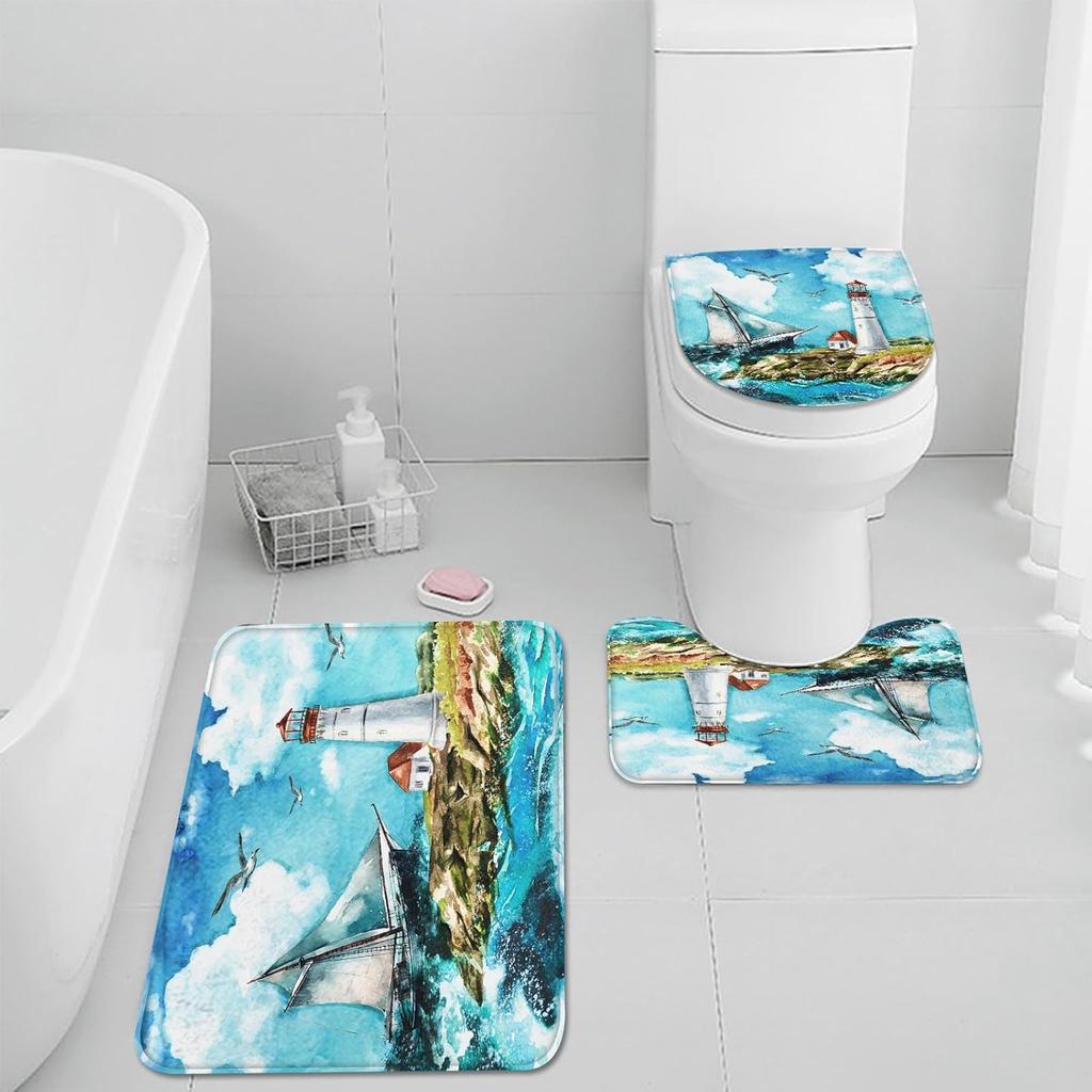 4 Pcs Shower Curtain Sets, Boat Lighthouse Ocean Waterproof Blue Bathroom Sets with Non-Slip Rugs, Toilet Lid Cover and Bath Mat, Accessories Modern