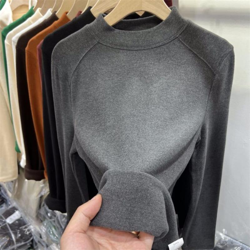 Solid Color German Fleece Polished Warm Semi-turtleneck Bottoming Shirt Women's Autumn and Winter Slim-fitting Fleece Long-sleeved T-shirt