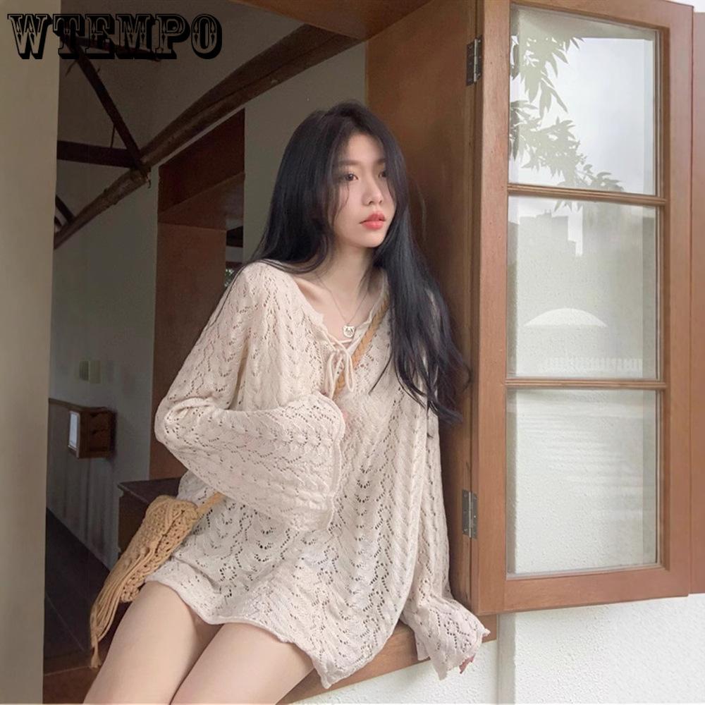Women's V-neck Hollow Knitted Sweater Top Summer Thin Loose Sun Protection Clothes Flared Sleeves Top