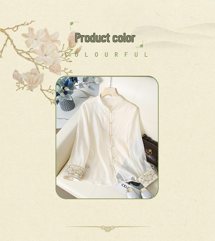 2025 High-End Faux Silk Jacquard Embroidered Top with Chinese Frog Buttons and Stand Collar for Women