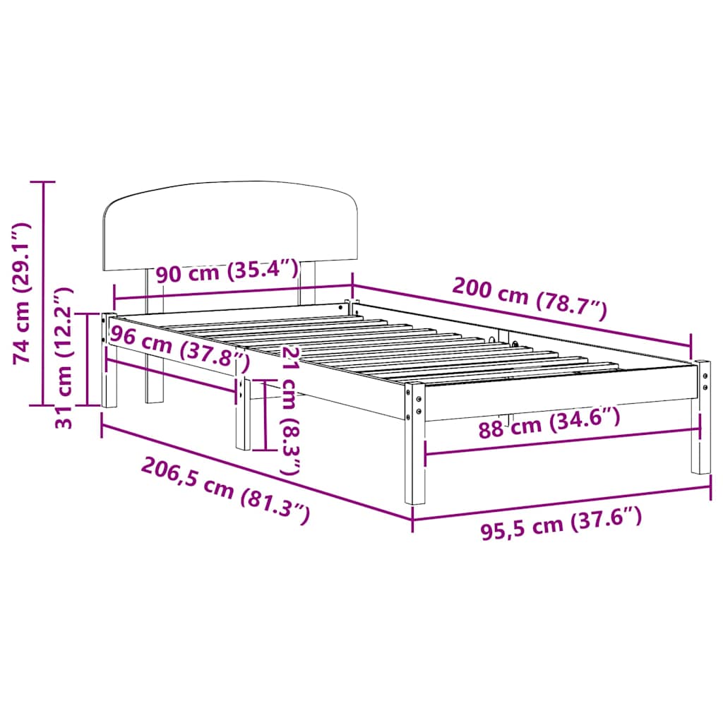 Natural Wooden Bed Frame with Headboard 90 X 200 Cm Solid Pine Wood