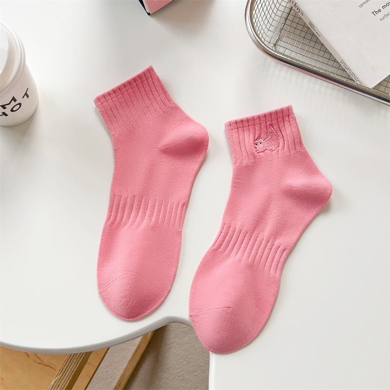 Embroidered Pink Cat Socks College Style Casual Versatile Style Pure Cotton Short Socks