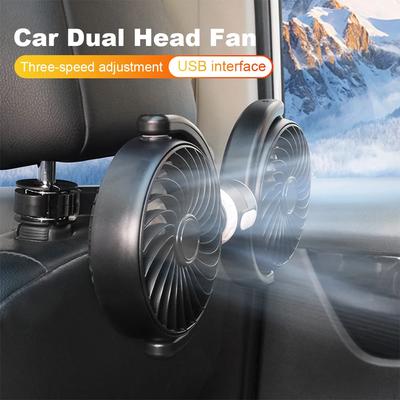 12V/24V Dual Head Car Seat Back Cooling Fan USB Charging Car Headrest Fan 3 Speeds Powerful Wind Car Interior Fan Neck Cooler