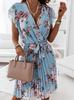 Womens Sundress Casual Floral Summer Boho Dress Flowy Wrap V Neck Ruffle A-Line Pleated Hem Midi Dresses