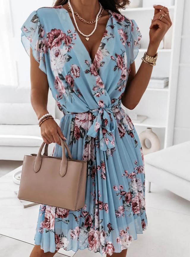 Womens Sundress Casual Floral Summer Boho Dress Flowy Wrap V Neck Ruffle A-Line Pleated Hem Midi Dresses