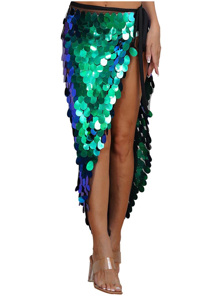 Womens Sparkly Sequin Hip Skirt Belly Dance Costume Lace Up Mermaid Scarf Wrap Halloween Festival Wear