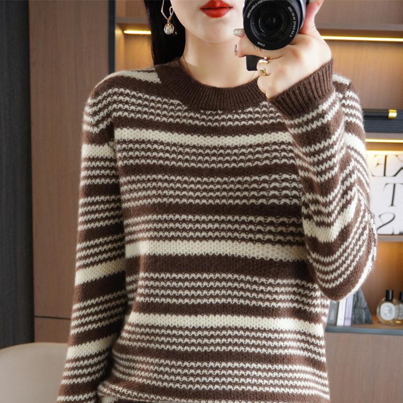 

Осенне-зимний новый полосатый женский трикотажный свитер с длинным рукавом и круглым вырезом, пуловер в полоску в стиле ретро, утолщенная базовая рубашка семи петель S