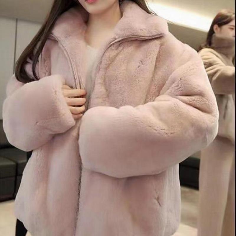 Imitation Rex Rabbit Fur Coat Women's Winter New Fragrant Stand-up Collar Plush Loose Hooded Coat Tide