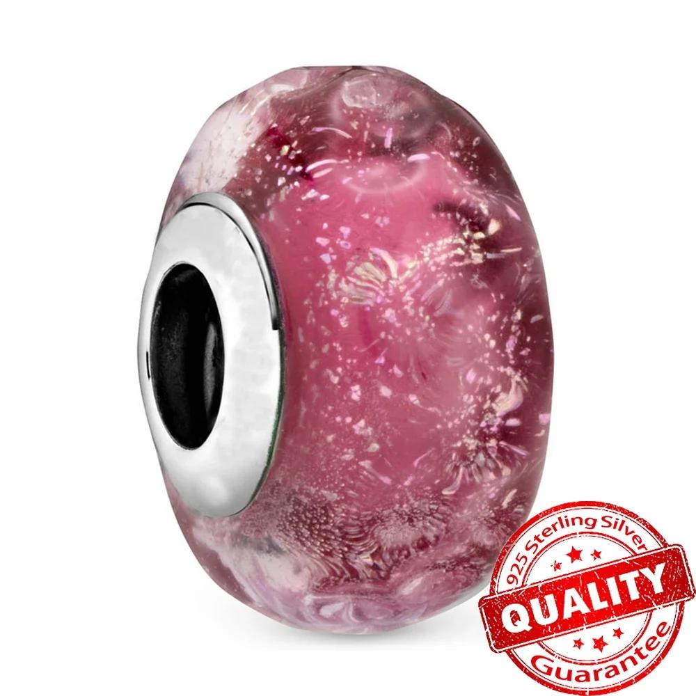 Copper Pink Flower Murano Glass Beads Charm Fit Original Bracelet Necklace Faceted Murano Diy Women Luxury Jewelry